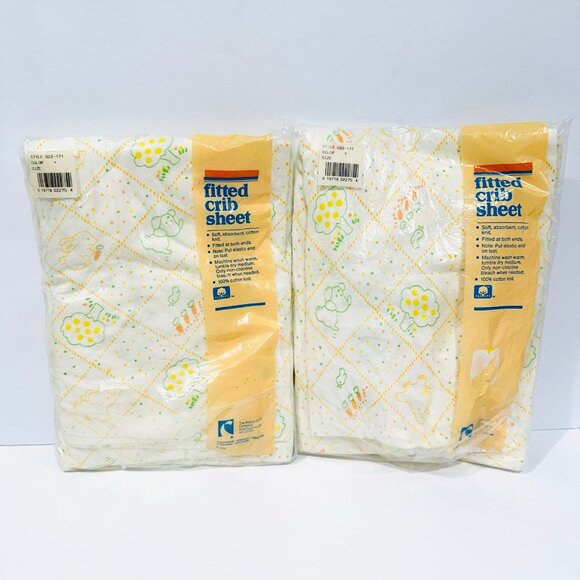 NIP Vintage Carters Cotton Yellow White Baby Animals Fitted Crib Sheets set of 2 - Picture 3 of 3